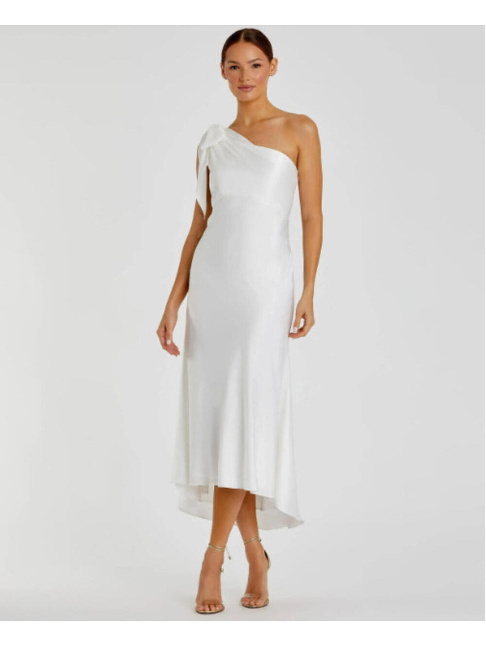 NWT Ieena Mac Duggal White Satin One Shoulder Bow Midi Dress Size 8 55387